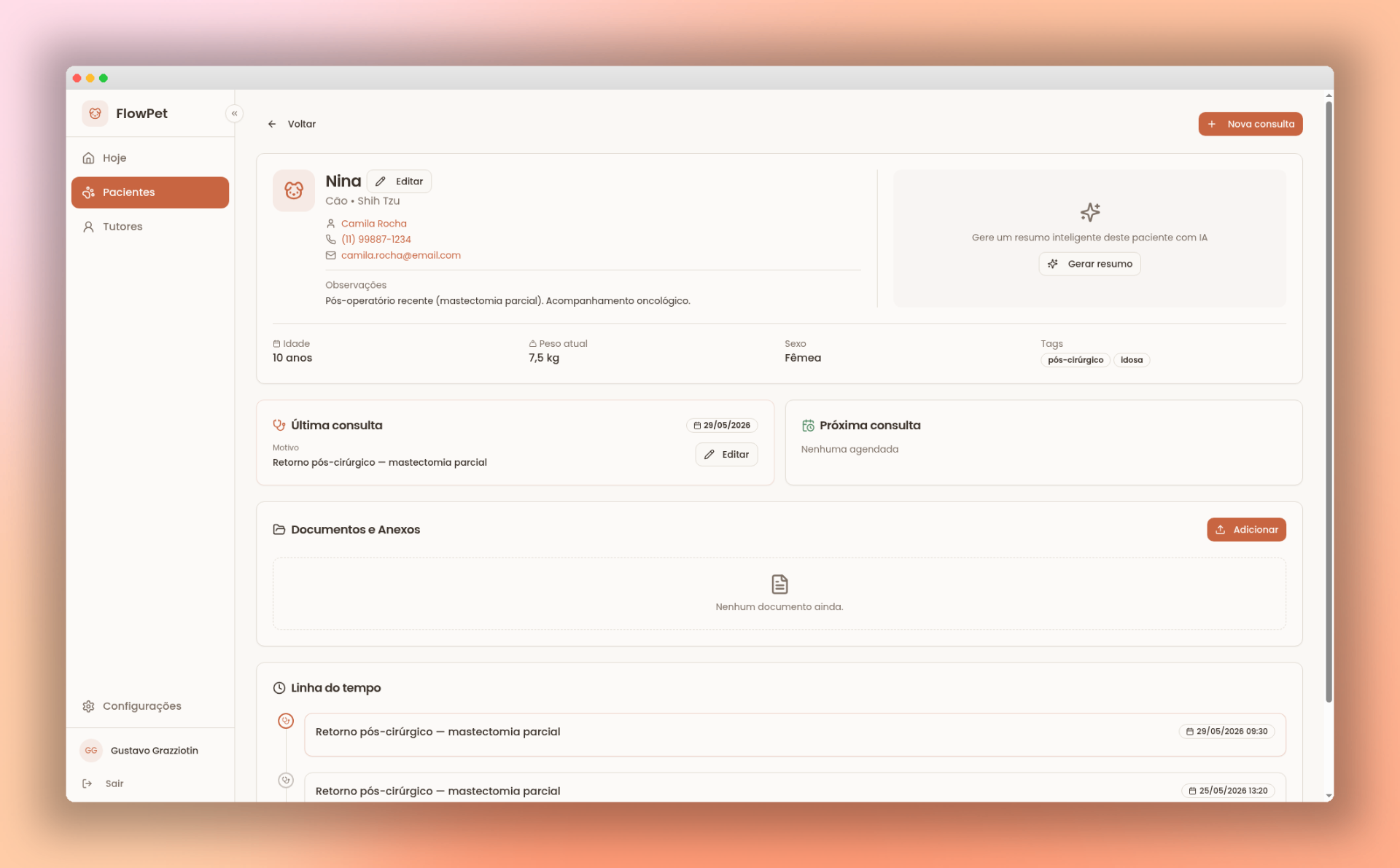 Detalhe do paciente no FlowPet com resumo gerado por IA